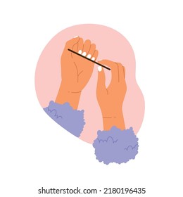 Female hands filing nails polish. Women's hands with a manicure. Nail care, beauty treatment aesthetic. Vector illustration in cartoon style. Isolated white background