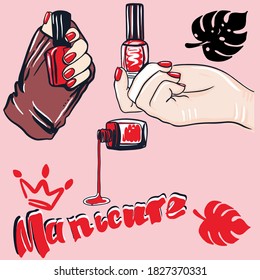 Female hands with fingers, red nail polish, a bottle of nail polish. Cosmetics and manicure concept