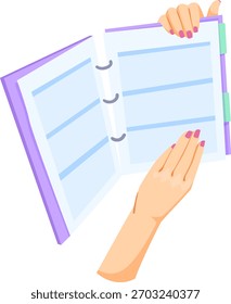 Manos femeninas volteando a través de un cuaderno de carpeta con páginas vacías, estilo gráfico plano, aislado sobre fondo blanco. Concepto de planificación. Ilustración vectorial