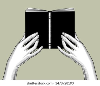 Female hands flipping through the pages of a book. Vintage engraving stylized drawing. Vector illustration