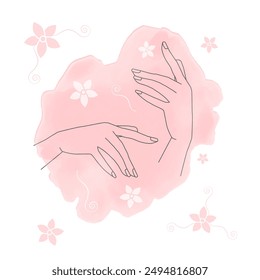 Female hands with flowers. Emblem for spa beauty salon and natural products. Hand skin care logo design concept with human lady hands.  Hand cream emblem on peach fuzz watercolor. EPS10