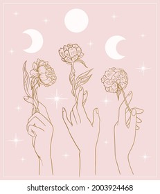 female hands with flowers and moon phases