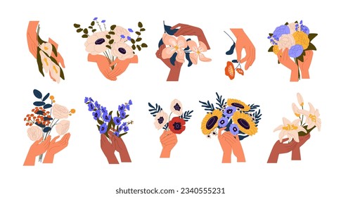 Female hands with flowers set. Bouquet, posy of rose, calla, peony, lily. Nature gift for mother, girl, women. Romantic, beautiful blossom plants. Flat isolated vector illustration on white background