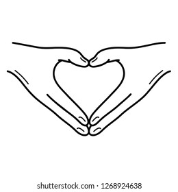 Female hands in the form of heart. Vector flat outline icon illustration isolated on white background.