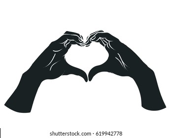 Female hands in the form of heart. Vector illustration in sketch style isolated on a white background. Making love sign by hands. White lines and dark grey silhouette.