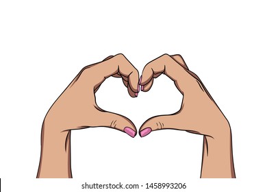 female hands forming heart shape. Love gesture. Comic cartoon pop art retro vector illustration drawing. Sticker symbol for love, friendship and peace. valentine card Isolated on white background