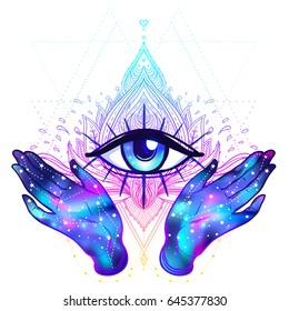 Female hands with galaxy inside open around masonic symbol. New World Order. Hand-drawn alchemy, religion, spirituality, occultism. Vector illustration in hipster style isolated on white. 