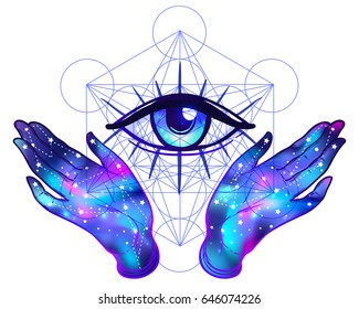 Female hands with galaxy inside open around masonic symbol. New World Order. Hand-drawn alchemy, religion, spirituality, occultism. Vector illustration in hipster style isolated on white. 