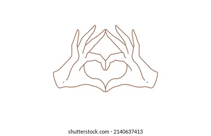 Female hands gesture making heart sign vector illustration line art style. Boho linear drawing for love poster concept and charity logo emblem decoration or fashion print.