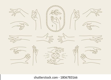 Female hands gestures collection of line art hand drawn style vector illustrations. Feminine symbols for fashion skin care cosmetics emblem and packaging or beauty products logo branding