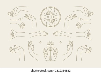 Female hands gestures collection of line art hand drawn style vector illustrations. Feminine symbols for fashion skin care cosmetics emblem and packaging or beauty products logo branding