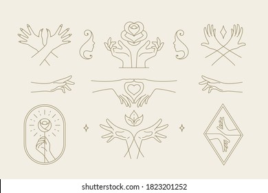 Female hands gestures collection of line art hand drawn style vector illustrations. Feminine symbols for fashion skin care cosmetics emblem and packaging or beauty products logo branding