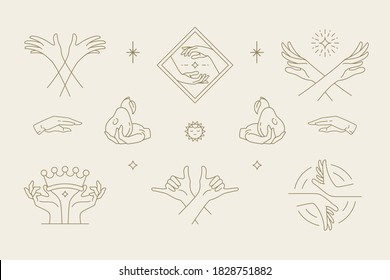 Female hands gestures collection of line art hand drawn style vector illustrations. Feminine symbols for fashion skin care cosmetics emblem and packaging or beauty products logo branding