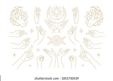 Female hands gestures collection of line art hand drawn style vector illustrations. Feminine magic symbols for mysterious emblem and packaging or celestial products logo branding