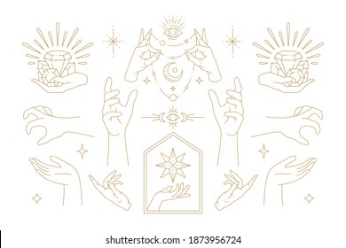 Female hands gestures collection of line art hand drawn style vector illustrations. Feminine magic symbols for mysterious emblem and packaging or celestial products logo branding