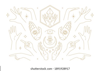 Female hands gestures collection of line art hand drawn style vector illustrations. Feminine magic symbols for mysterious emblem and packaging or celestial products logo branding