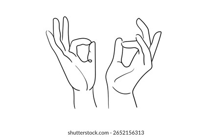 Weibliche Hände in Gesten, durchgehende Linienzeichnung. Symbole, Zeichensprache. Vektorgrafik