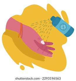 Female hands getting a manicure process. A woman's palm treated with antiseptic. Professional beauty procedure. Trendy acrylic nails. Flat vector illustration