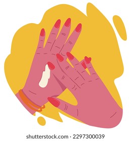 Female hands getting a manicure process. Woman's palm with hand cream. Professional beauty procedure. Trendy acrylic nails. Flat vector illustration