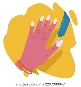 Female hands getting a manicure process. Hardware manicure. Professional beauty procedure. Trendy acrylic nails. Flat vector illustration