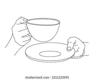 Female hands gracefully hold cup of tea or coffee and saucer. Sketch, linear drawing. Morning cup of coffee. Elegant tea pair, mug and saucer for hot drinks. Warm up with hot tea in cold weather