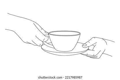 Female hands gracefully hold cup of tea or coffee and saucer. Sketch, linear drawing. Morning cup of coffee. Elegant tea pair, mug and saucer for hot drinks. Warm up with hot tea in cold weather