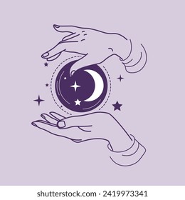 Female hands gracefully holding new moon and stars. Beginning of lunar cycle. Representation of potential and mystical energies. Magical symbol of guidance and transformation. Vector in flat style