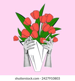 Las manos femeninas con un efecto de semitono sostienen un gran ramo de tulipanes. Ilustración de primavera moderna en estilo de collage retro.