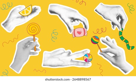 Female hands in halftone style holding candies. Candy on a stick, lollipop, jelly worm and marmalade in hands. Trendy collage on the theme of sweets and treats, vector graphics