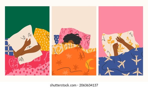 Female hands and head sticking out from under the blanket. Person sleeping under soft cozy blanket. Morning in bed, coziness, relaxation concept. Set of three Hand drawn trendy Vector illustrations