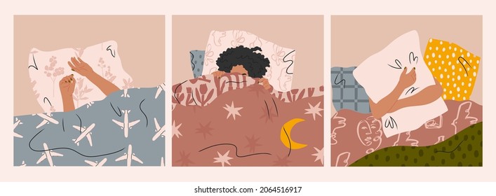 Female hands and head sticking out from under the blanket. Lady sleeping under soft cozy blanket. Morning in bed, coziness, relaxation concept. Set of three Hand drawn trendy Vector illustrations