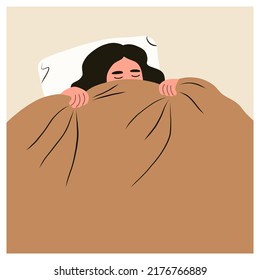 Female hands and head sticking out from under the blanket. Person sleeping under soft cozy blanket.  Hand drawn Vector illustration