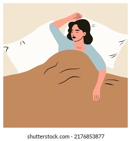 Female Hands And Head Sticking Out From Under The Blanket. Person Sleeping Under Soft Cozy Blanket.  Hand Drawn Vector Illustration