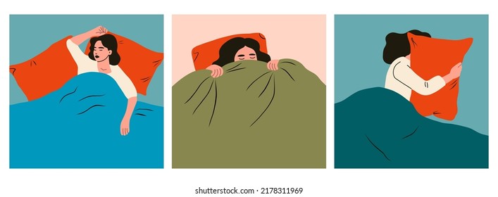 Female Hands And Head Sticking Out From Under The Blanket. Person Sleeping Under Soft Cozy Blanket. Hand Drawn Vector Illustration