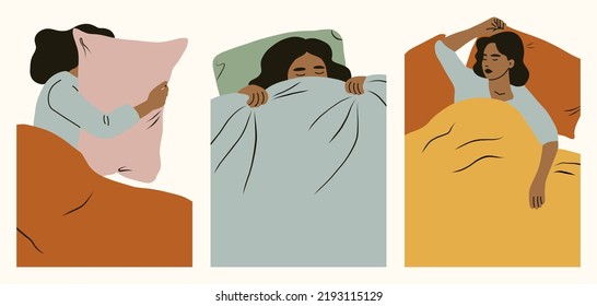 Female hands and head sticking out from under the blanket. Person sleeping under cozy blanket. Hand drawn Vector illustration
