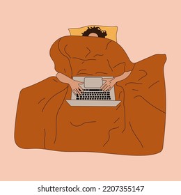 Female Hands And Head Sticking Out From Under The Blanket. Person Use Laptop  Under Soft Cozy Blanket. Hand Drawn Trendy Vector Illustrations