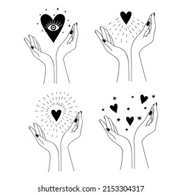 Female hands and hearts. Vector illustration. 