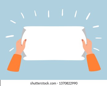 Female hands hold blank paper sheet  with corner curled. Business and education concept. Vector illustration Isolated from blue background.