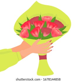 Female hands hold a bouquet of flowers. Tulips in a yellow wrapper. Vector illustration, flat cartoon, eps 10. Concept: mother's day, womens day, birthday, gift from daughter, for sweetheart, from fan