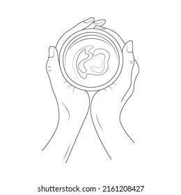 Female hands hold a cup of tea or coffee, top view. Minimalism style. The design is suitable for tea establishments, coffee shop, decor, emblem, postcard, tattoo, print. Isolated vector illustration