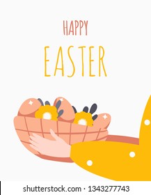 Female hands hold Easter basket and colorful eggs   spring flowers  Vector festive concept for Happy Easter