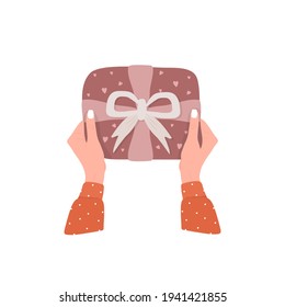Female hands hold gift or present box. Giveaway post for social media. Surprise for Christmas, New Year, birthday, Black Friday or other holiday. Vector illustration in flat cartoon style.