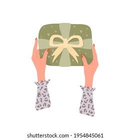 Female hands hold gift or present box. Giveaway post for social media. Surprise for Christmas, New Year, birthday, Black Friday or other holiday. Vector illustration in flat cartoon style.