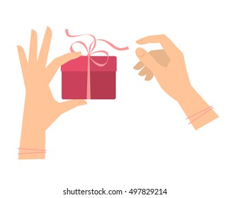 Female hands hold a gift and untie the ribbon. Flat illustration of holiday box with decoration tape and women's hands. Isolated vector design element for festive infographics and presentations.