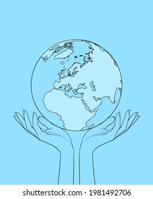 Female hands hold the globe. Everyone is safe. Save the planet. Vector illustration. 