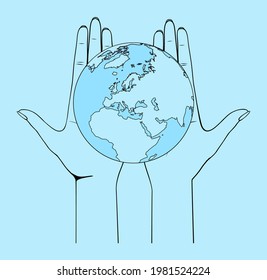 Female hands hold the globe. Everyone is safe. Save the planet. Vector illustration. 