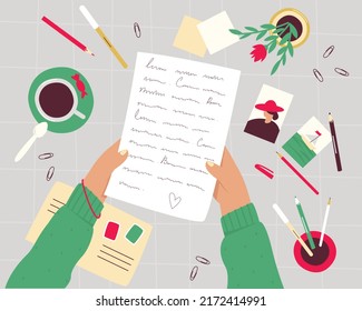 Female Hands Hold A Handwritten Letter Over The Desktop. A Woman Reads A Love Message. Traditional Mail. Photos, Pencils, Pens, An Envelope Are On The Desktop. Flat Vector Illustration
