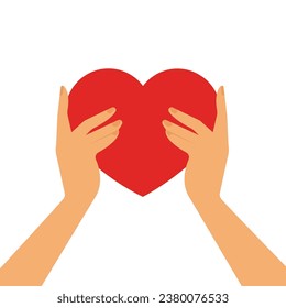 Female hands hold heart. Mental mind peace concept. Symbol of kindness, love, empathy, charity and family. Vector isolated illustration. Positive human feelings concept.