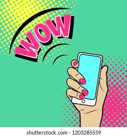 Female hands hold a mobile phone. 
Vector illustration in comic style.