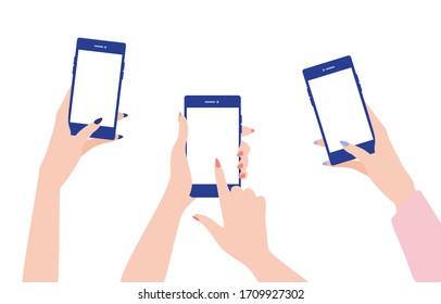 Female hands hold mobile phones and their fingers are touching screens.